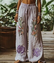 baratos -Mulheres Perna larga Calças Calça Palazzo Moda Boho Comprimento total Cintura Alta Flor Cintura elástica Com Cordão Imprimir Respirabilidade Confortável Rua Roupa Diária Para Noite Roxo Primavera