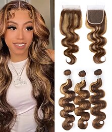 abordables -Extensions de cheveux humains ondulés Body Wave P4/27 avec closure, lot de 3, pour femmes noires