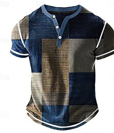 billige -Herre Geometrisk Lapper Henly-skjorte Vaffel T-skjorte Kortermet Daglig Retro / vintage Klassisk Sport & Utendørs Avslappet Ferie Vår sommer Blå Grønn Lilla Brun Grå Henley Henley T-skjorte