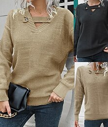 preiswerte -Damen Pullover Lässig Einfarbig Grobstrick V Ausschnitt Gestrickt Langarm Normale Oberteile Stricken Täglich Ferien Ausgehen Schwarz Khaki Herbst Winter
