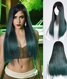 preiswerte -22 Zoll lange, glatte Halloween-Perücke in Ombré-Grün für Damen – voller Pony, hitzebeständiges langes Kunsthaar für Kostüme &Alltagsmode