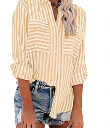 levne -Dámské bavlněné lněné košile pruhované stylové casual dlouhý rukáv button down blůza límec pravidelné topy denní kapsa knoflíkový potisk žlutá růžová modrá zelená léto jaro podzim