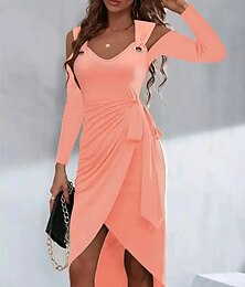 abordables -Femmes Robe Midi Robe Portefeuille Robe trapèze Occasionnel Quotidien Coupe régulière Uni manche longue Col en V Noir Rose Claire Vert Printemps Automne