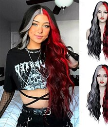 economico -parrucca nera rossa grigia lunga 28 pollici, parrucche ondulate nere rosse per donne, parrucche sintetiche sostitutive per Halloween, cosplay, festa quotidiana, parrucca in fibra resistente al calore
