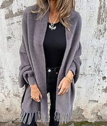 preiswerte -Damen Mantel Warm Bequem Quaste Mode Modern Lässig Einfach Ausgehen Wochenende Offene Vorderseite Regulär Kragenlos Normale Passform Langarm Oberbekleidung Schwarz Weiß Rote Herbst Winter