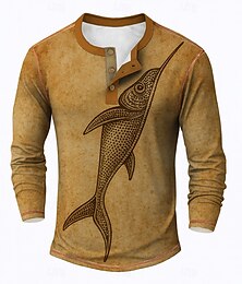 halpa -Miesten Kuvitettu Kalat Henley-paita T-paidat Pitkähihainen Vintage Muoti Suunnittelija ulko- Kausaliteetti Päivittäin 봄 & Syksy Sininen Ruskea Vihreä Henley Henley T-paita