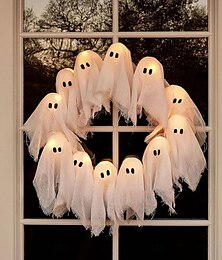 お買い得  -ハロウィンゴーストリース、12個のLEDライトアップホワイトゴーストガーランド、不気味な屋内 &玄関、壁、パーティー用の屋外吊り下げ装飾、電池式のハロウィーン装飾、ホリデーの不気味なガーランド