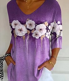 economico -Per donna Blusa Floreale Grafico Vintage Tropicale Elegante Manica 3/4 Scollo a V Top Regolari Quotidiano Blu Viola Estate Primavera Autunno