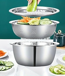 billige -3-delers kjøkkensett i rustfritt stål med integrert kvern, multifunksjonssil og miksebolle, matsikker med dreneringssystem, ideell for rengjøring og oppskjæring av frukt, grønnsaker og ost, perfekt
