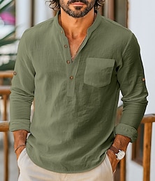 economico -Per uomo Camicia Camicia di lino Camicia popover Camicia Estiva Camicia da Spiaggia Tinta unica Vacanza Ferie Nero Bianco Blu Verde Manica Lunga Henley Abbigliamento Tasca