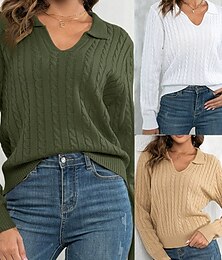 abordables -Femmes Pull Occasionnel Couleur Unie Épais Col en V Tricoté manche longue Hauts Réguliers Tricoter Quotidien Fête Sortir Blanche Vert Véronèse Automne Hiver
