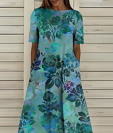 ieftine -Pentru femei Rochii Midi Rochii Tricou Rochie A line Rochie de vară Vacanță Casual Stiluri de Plajă Dată Rochie de vară Fit regulat Floral Grafic Manșon scurt Stil Nautic Roșu-aprins Albastru piscin