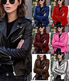 preiswerte -Damen Kunstlederjacke Bequem Vollreißverschluss Mode Streetstyle Einfach Outdoor Alltagstauglich Regulär Umlegekragen Normale Passform Langarm Oberbekleidung Silber Schwarz Rosa Frühling Herbst