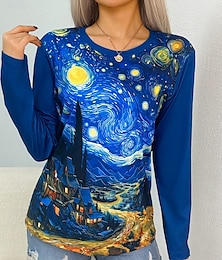 baratos -Mulheres Camiseta Gráfico Abstrato Vintage à moda Clássico Manga Longa Gola Redonda Decote Redondo Tops regulares Diário Imprimir Azul Verão Primavera Outono