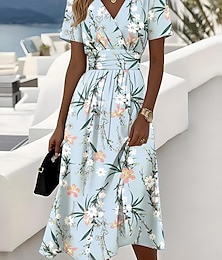 abordables -Femmes Robe Midi Robe trapèze Robe Nuisette Vacances Occasionnel Chaussures de plage Plage Coupe régulière Fleuri Graphique Manche Courte Col en V Rouge Bleu Ciel Bleu Encre Vert Été Printemps