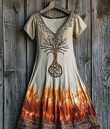 abordables -Festival de musique Femmes Robe Midi Robe Décontractée Robe T-Shirt Robe d'Été Robe trapèze Vacances Occasionnel Boho Plage Coupe régulière Graphique Feuille Teinture par nouage Manche Courte Col en V