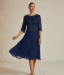 abordables -Mujer Vestido Midi Vestido de raso Elegante Fiesta Cumpleaños Ajuste regular Color sólido Manga 3/4 Cuello Barco Azul Marino Verano Primavera Otoño