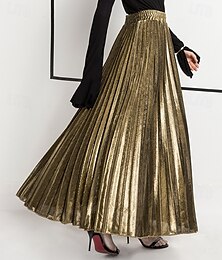 economico -Per donna Gonna Moda Casual Maxi Vita Alta Gonne Semplice Pieghettato Micro-elastico Casual Quotidiano Weekend Argento Nero Oro Rosso Estate Poliestere