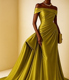 abordables -Vestido de noche amarillo de alta costura, corte sirena/trompeta, elegante, formal, para boda, con cola, sin mangas, hombros descubiertos, satén, fruncido, 2025