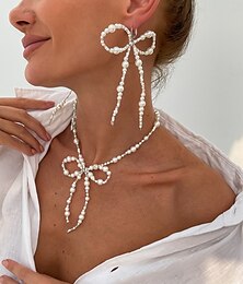 abordables -Conjunto de collar y pendientes colgantes con lazo de perlas para mujer: elegante joya llamativa para fiestas de moda y cócteles.