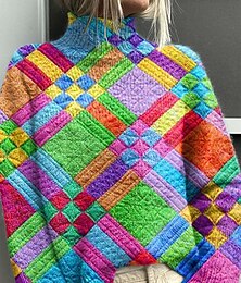 preiswerte -Damen Pullover Lässig Weich Geometrisch Gerippt Rollkragen Gestrickt Druck Langarm Normale Oberteile Stricken Outdoor Täglich Wochenende Gelb Blau Herbst Winter