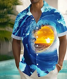 preiswerte -Herren Optische Täuschung Ozean Sonnenuntergang Hemd Sommerhemd Knopfhemd Kurzarm Modisch lässig Urlaub Ferien Streetwear Sommer Umlegekragen 3D-Druck Eine Tasche vorne Leinenähnliches Hemd Blau