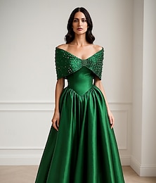 abordables -Robe de soirée trapèze verte élégante, robe de mariée formelle, longueur au sol, manches courtes, épaules dénudées, satin extensible avec perles scintillantes, 2025