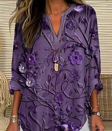 economico -Per donna Top estivi Floreale Grafico Damascato Vintage Tropicale Hawaiano Manica Lunga Scollo a V Top Regolari Quotidiano Ferie Abbigliamento mare Stampato Viola Estate Primavera HORSE