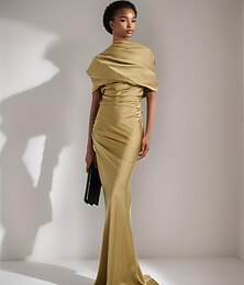 ieftine -Rochie de seară elegantă aurie tip sirenă  trompetă cu cravată neagră lungime până la podea fără mâneci guler fals din satin cu plii
