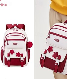 economico -Zaino scolastico rosso e bianco per ragazze – grazioso zaino di grande capacità con toppe a forma di stella e ciondolo a pompon per adolescenti