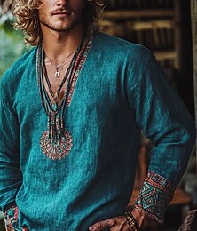 economico -Per uomo Camicia Camicia popover Camicia Estiva Camicia da Spiaggia Patchwork Vacanza Ferie Blu Manica Lunga Senza colletto Estate Primavera Abbigliamento Etnico / religioso
