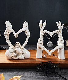 levne -Halloweenská dekorace z pryskyřice ve tvaru kostry ve tvaru srdce, lebka, hlava s kostrovýma rukama tvořícíma tvar srdce, strašidelná stolní dekorace na halloweenskou párty a domácí sváteční dekoraci.