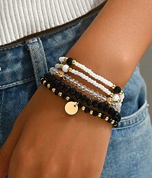 abordables -Conjunto de 5 pulseras de cuentas para mujer con detalles dorados y colgante con dije, joyería bohemia apilable para verano, playa y atuendos casuales.