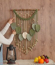 abordables -Tapiz de hojas tejido a mano para colgar en la pared, estilo bohemio, con diseño de plumas y borlas, decoración de pared bohemia decorativa para sala de estar, dormitorio y oficina.