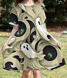 ieftine -Halloween Girls ' 3D Fantomă Rochie Manșon scurt Vară Primăvară Vacanță Zilnic Concediu Prințesă Frumoasa Dulce Copii 4-12 ani Rochie casual Rochie A line Lungime Genunchi Fit regulat