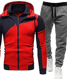 お買い得  -男性用 トラックスーツ 衣装セット パーカーセット パーカー アウトドア 日常 スポーツ ジッパーを閉める ポケット ドローストリング カラーブロック ブラック ホワイト ルビーレッド ポリエステル アクティブウェア ファッション ストリートファッション 春