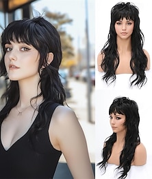 baratos -Perucas mullet pretas retrô dos anos 80 e 90, perucas com corte pixie e franja para mulheres, peruca com corte lobo, parte do meio, fibra sintética preta resistente ao calor, fantasia, peruca de