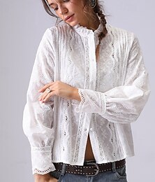 economico -Camicia da donna in lino e tencel, tinta unita, elegante, stile bohémien, vintage, a maniche lunghe, collo alto, da lavoro, quotidiano, per le vacanze, con volant, ricamata, bianca, albicocca, estate,