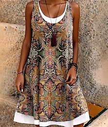 abordables -Femmes Mini Robe Robe Décontractée Robe d'été Mode Moderne Quotidien Plage Week-end Coupe régulière Fleur Sans manches Col ras du cou Marron Été Printemps