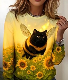 baratos -Mulheres Camiseta Floral Gráfico Gato Vintage à moda Clássico Manga Longa Gola Redonda Decote Redondo Tops regulares Diário Final de semana Imprimir Amarelo Azul Cáqui Primavera Outono