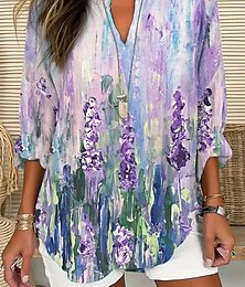 baratos -Mulheres Blusa Floral Gráfico Vintage Diário à moda Manga Longa Decote V Tops regulares Diário Feriado Imprimir Branco Roxo Verde Verão Primavera Outono