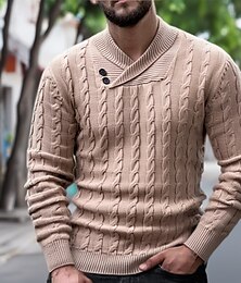 billige -Herre Genser Pullover genser Kabel Strikke Vanlige topper Strikket Slank passform Helfarge V-hals Strikketøy Moderne Avslappet Dagligdagstøy Klær Høst Kakifarget M L XL