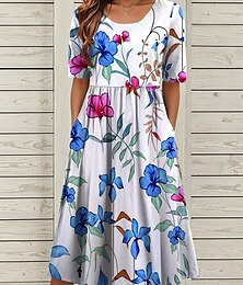 ieftine -Pentru femei Rochii Midi Rochie de vară Rochie plisata Vacanță Casual Concediu Fit regulat Floral Grafic Manșon Jumate Stil Nautic Albastru piscină Maro Trifoi Vară Primăvară