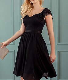 olcso -Női Mini ruha Csipkeruha Koktélruha Esküvői vendég ruha Sifon Elegáns Divat Modern Szabadtéri Koktélparty Normál Sima Rövid ujjú V-alakú Fekete Arcpír rózsaszín Sötétkék Nyár Tavasz Ősz