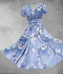 abordables -Femmes Robe Midi Robe Décontractée Robe d'été Mode Moderne Quotidien Plage Week-end Coupe régulière Fleuri Manche Courte Col en V Bleu Été Printemps