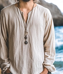 economico -Per uomo Camicia Camicia di lino Camicia Estiva Camicia da Spiaggia Tinta unica Vacanza Casuale Nero Bianco Verde Cachi Manica Lunga Scollo a V Tutte le stagioni Abbigliamento Base