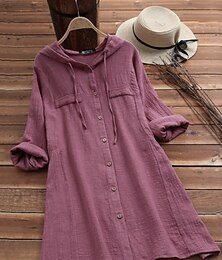abordables -Femmes Chemisier Couleur Unie Occasionnel manche longue À capuche Hauts Longs Quotidien Avec Poches Boutons Jaune Vin Fuchsia Gris Été Automne
