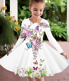 billiga -Flickor 3D Fjäril Blomma Klänning Långärmad Sommar Vår Semester Dagligen Helgdag Prinsessa Skön Ljuv Barn 4-12 år Vardagsklänning A linjeklänning Knälång Normal