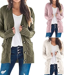 economico -Per donna Cardigan Casual Morbido Tinta unica Treccia Scollo a V Bottoni Lavorato a maglia Manica Lunga Top Regolari Maglia All'aperto Ferie Weekend Rosa Verde militare Autunno