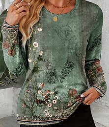 billige -Dame T skjorte Nyanse Blomstret Grafisk Årgang Stilfull Klassisk Langermet Crew-hals Rund hals Vanlige topper Daglig Trykt mønster Salvie Grøn Sommer Vår Høst